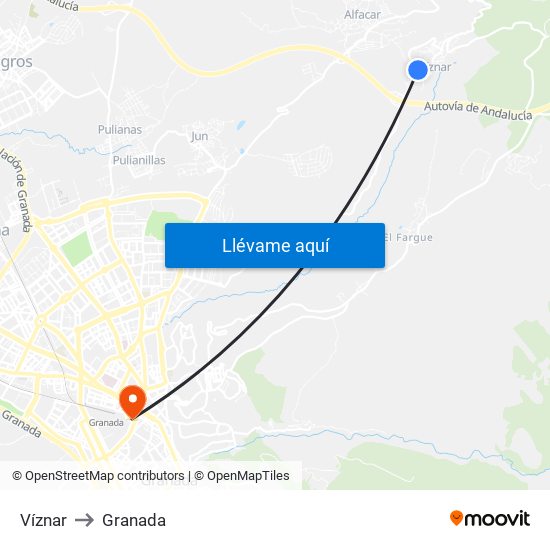 Víznar to Granada map