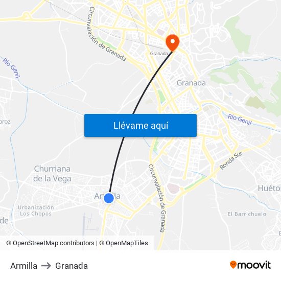 Armilla to Granada map