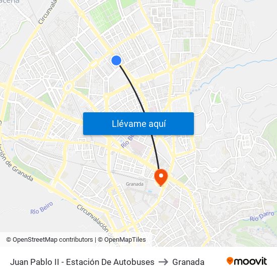 Juan Pablo II - Estación De Autobuses to Granada map