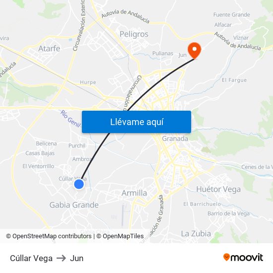 Cúllar Vega to Jun map