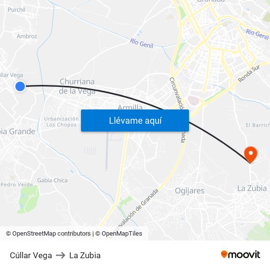 Cúllar Vega to La Zubia map