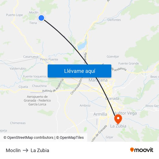 Moclín to La Zubia map
