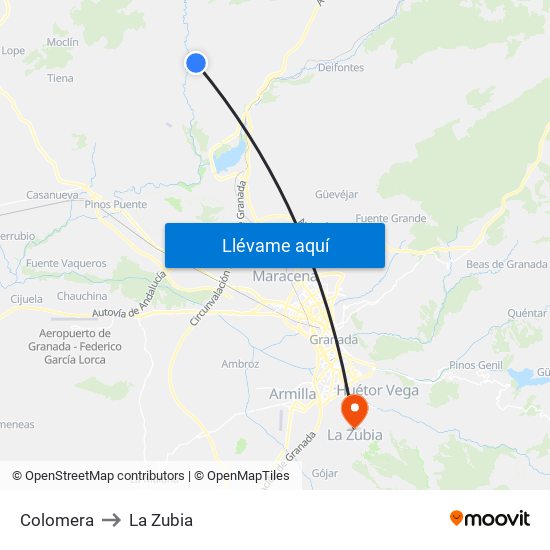 Colomera to La Zubia map