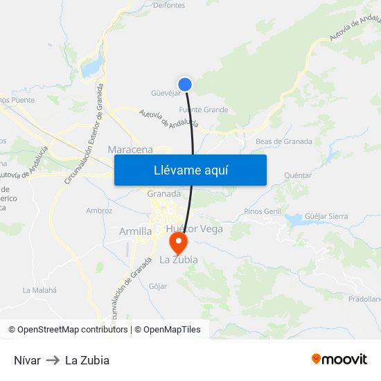 Nívar to La Zubia map