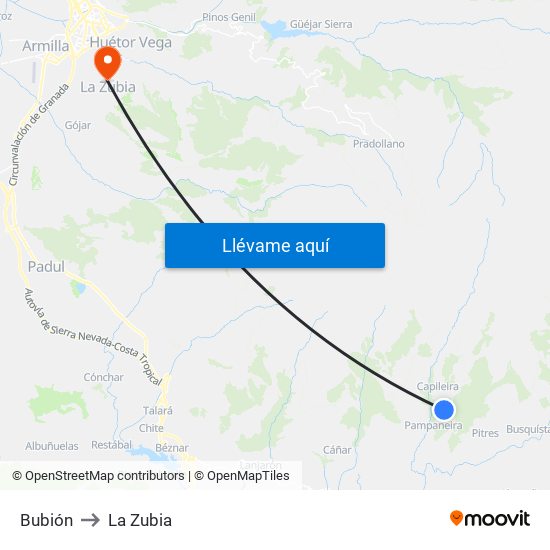 Bubión to La Zubia map