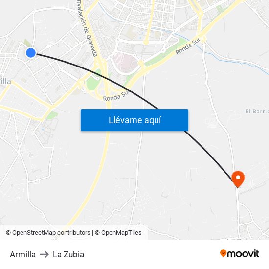 Armilla to La Zubia map