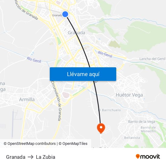 Granada to La Zubia map