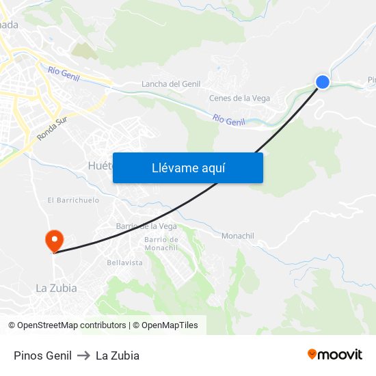Pinos Genil to La Zubia map