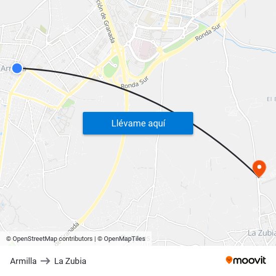 Armilla to La Zubia map