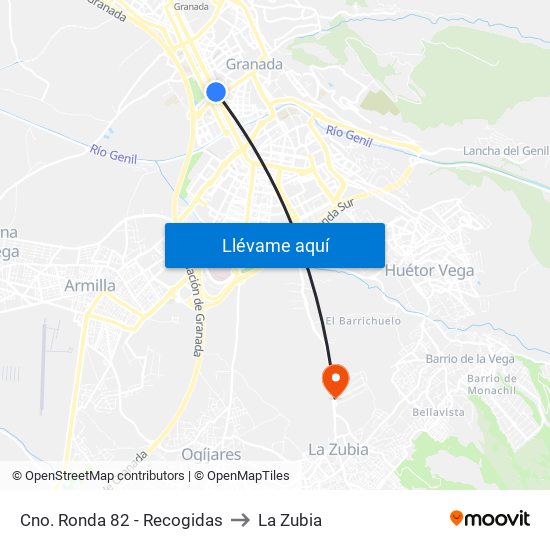 Cno. Ronda 82 - Recogidas to La Zubia map