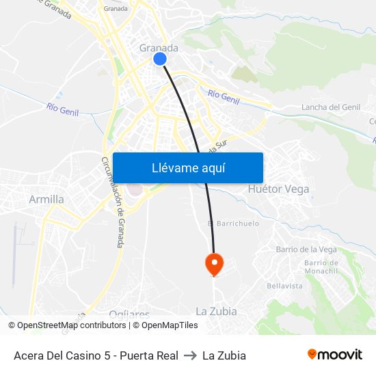 Acera Del Casino 5 - Puerta Real to La Zubia map