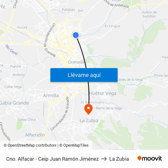 Cno. Alfacar - Ceip Juan Ramón Jiménez to La Zubia map
