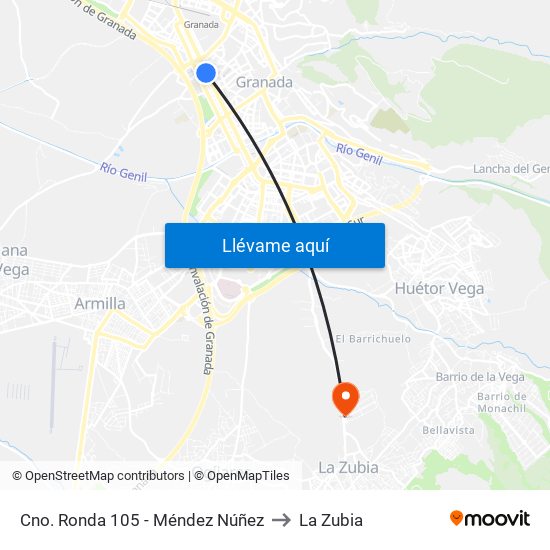 Cno. Ronda 105 - Méndez Núñez to La Zubia map