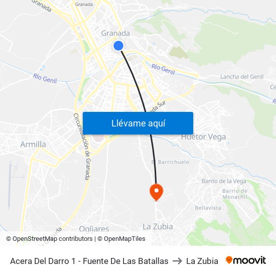 Acera Del Darro 1 - Fuente De Las Batallas to La Zubia map