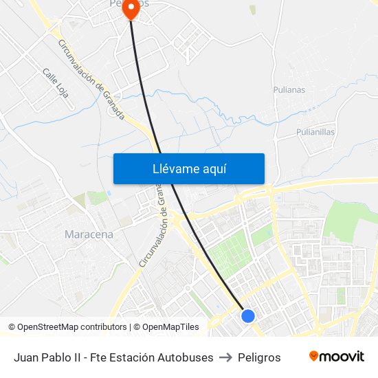 Juan Pablo II - Fte Estación Autobuses to Peligros map