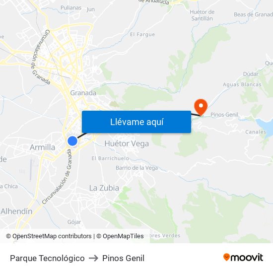 Parque Tecnológico to Pinos Genil map