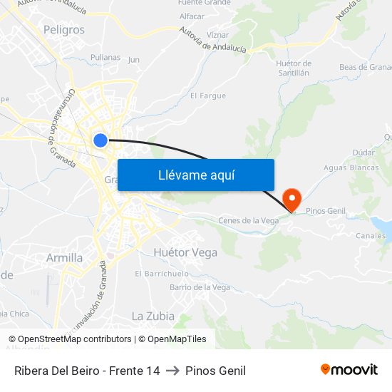 Ribera Del Beiro - Frente 14 to Pinos Genil map