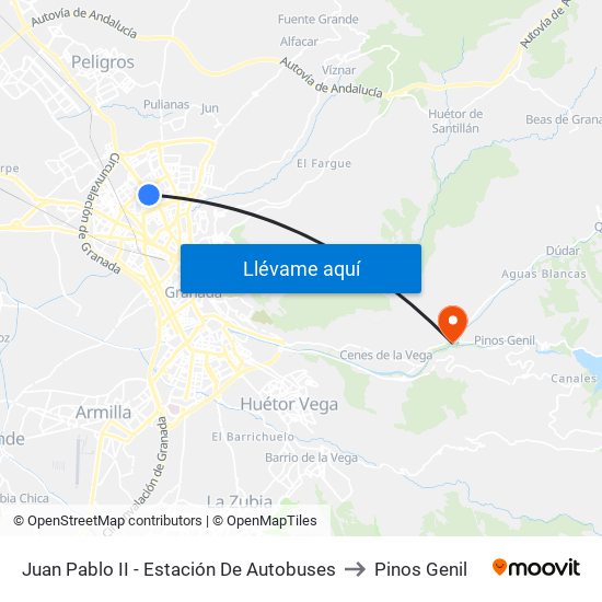 Juan Pablo II - Estación De Autobuses to Pinos Genil map