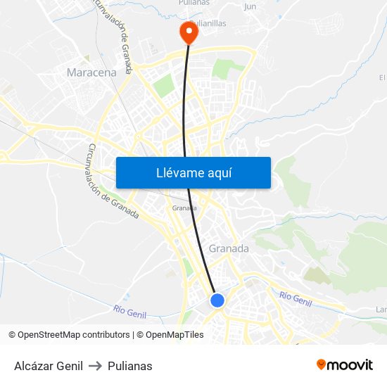 Alcázar Genil to Pulianas map