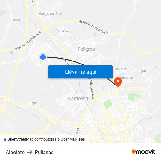 Albolote to Pulianas map