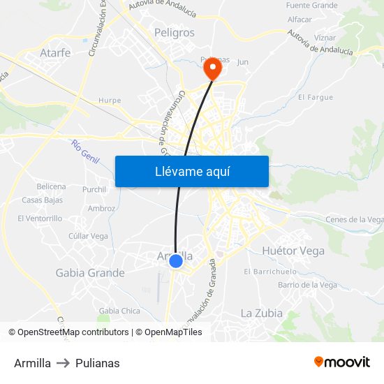 Armilla to Pulianas map