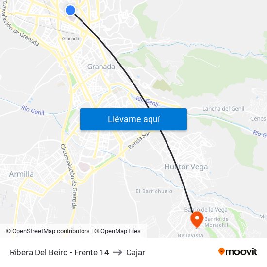 Ribera Del Beiro - Frente 14 to Cájar map