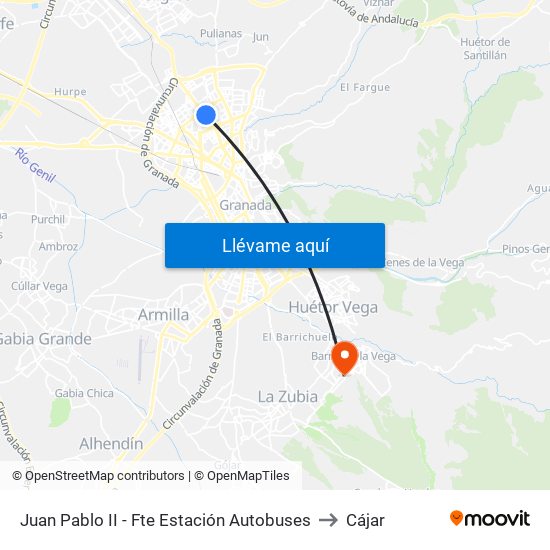 Juan Pablo II - Fte Estación Autobuses to Cájar map