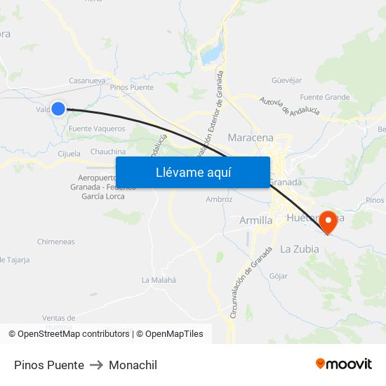 Pinos Puente to Monachil map