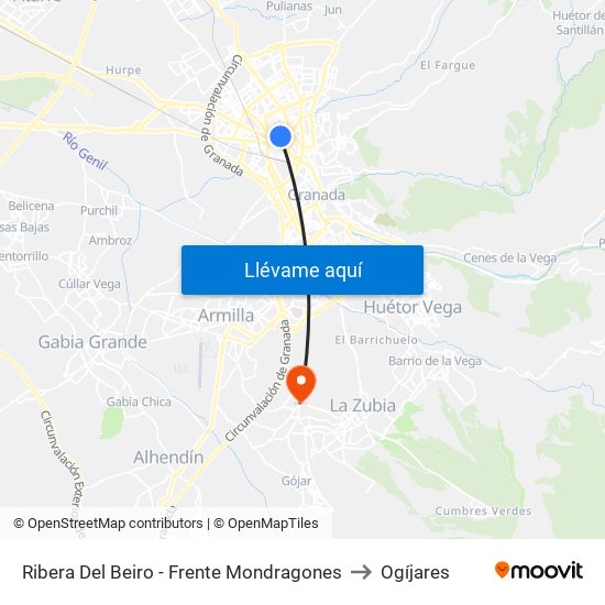 Ribera Del Beiro - Frente Mondragones to Ogíjares map