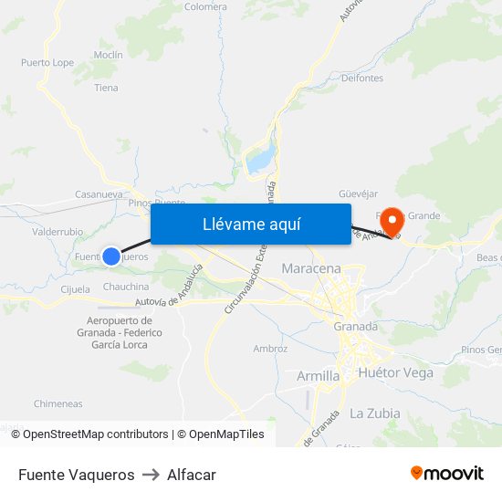 Fuente Vaqueros to Alfacar map