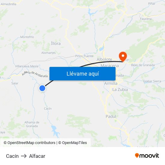 Cacín to Alfacar map