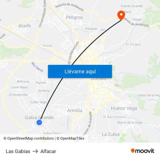 Las Gabias to Alfacar map