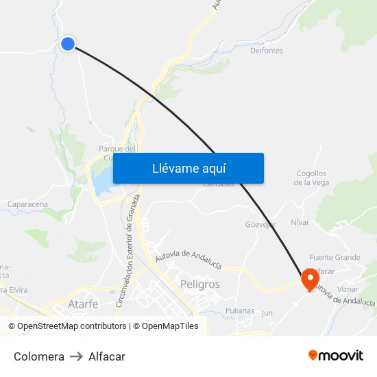 Colomera to Alfacar map