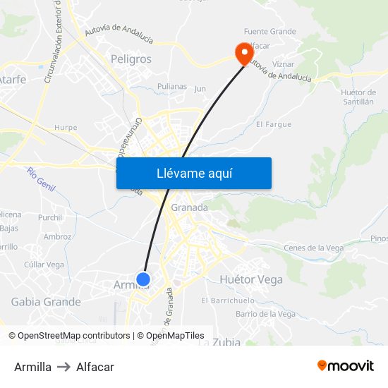 Armilla to Alfacar map
