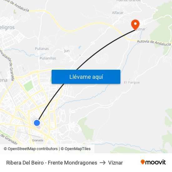 Ribera Del Beiro - Frente Mondragones to Víznar map