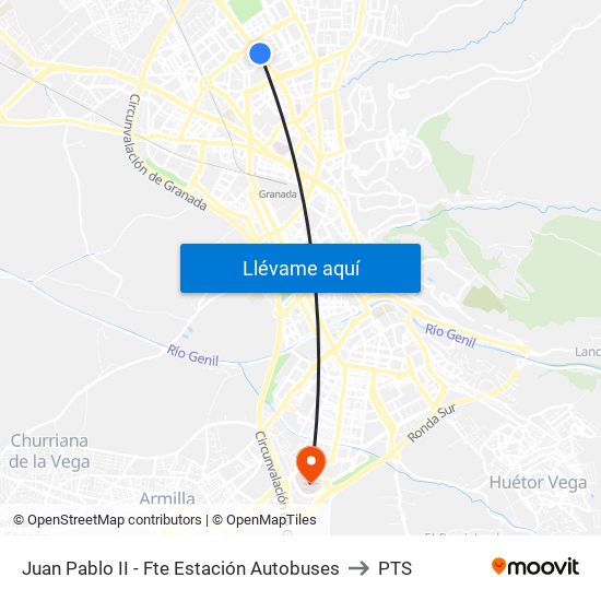 Juan Pablo II - Fte Estación Autobuses to PTS map