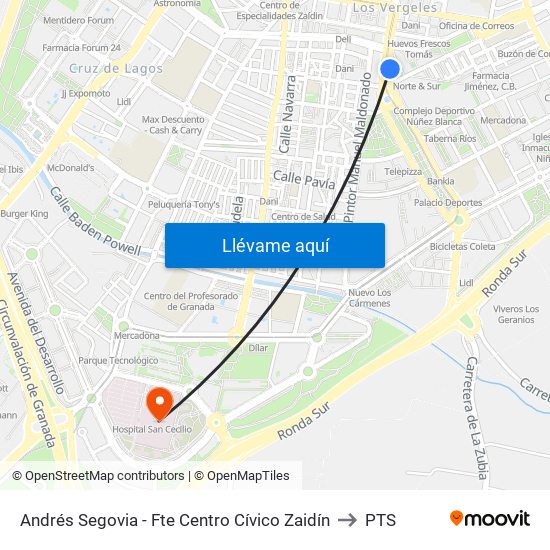 Andrés Segovia - Fte Centro Cívico Zaidín to PTS map