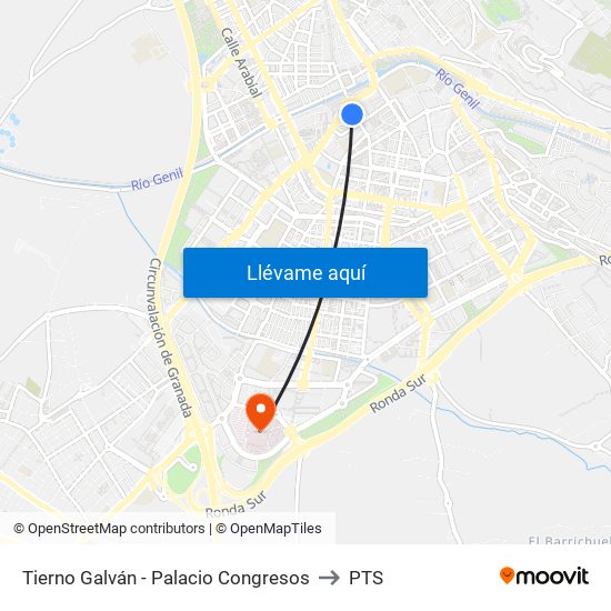 Tierno Galván - Palacio Congresos to PTS map