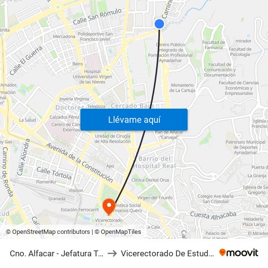 Cno. Alfacar - Jefatura Tráfico to Vicerectorado De Estudiantes map