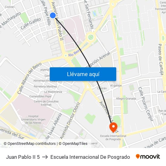 Juan Pablo II 5 to Escuela Internacional De Posgrado map