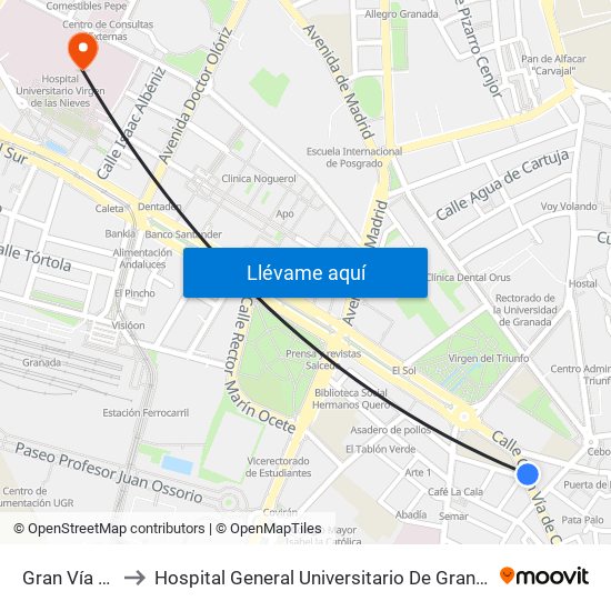 Gran Vía 54 to Hospital General Universitario De Granada map