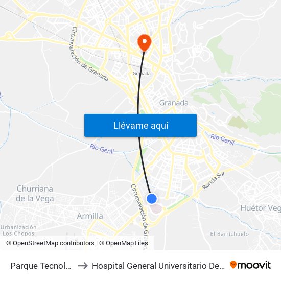 Parque Tecnológico to Hospital General Universitario De Granada map