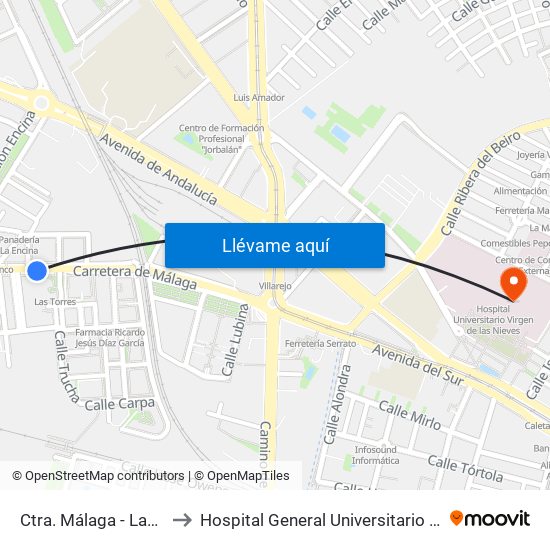 Ctra. Málaga - Las Torres to Hospital General Universitario De Granada map