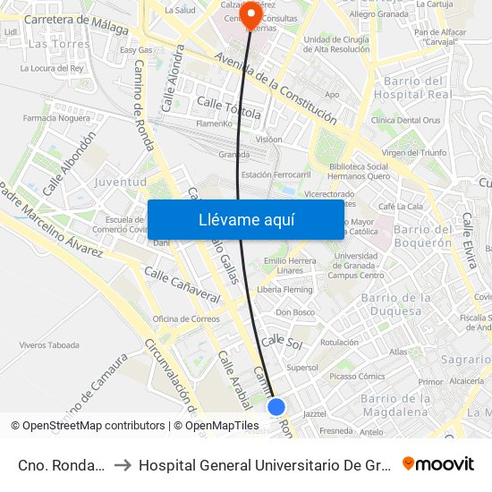 Cno. Ronda 97 to Hospital General Universitario De Granada map