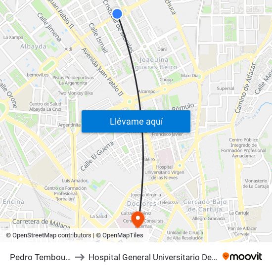 Pedro Temboury 15 to Hospital General Universitario De Granada map