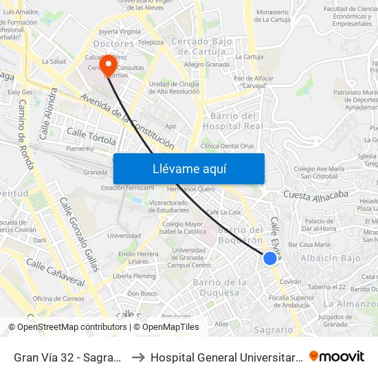 Gran Vía 32 - Sagrado Corazón to Hospital General Universitario De Granada map
