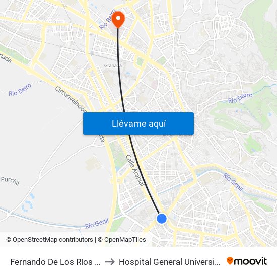 Fernando De Los Ríos - Av. Barcelona to Hospital General Universitario De Granada map