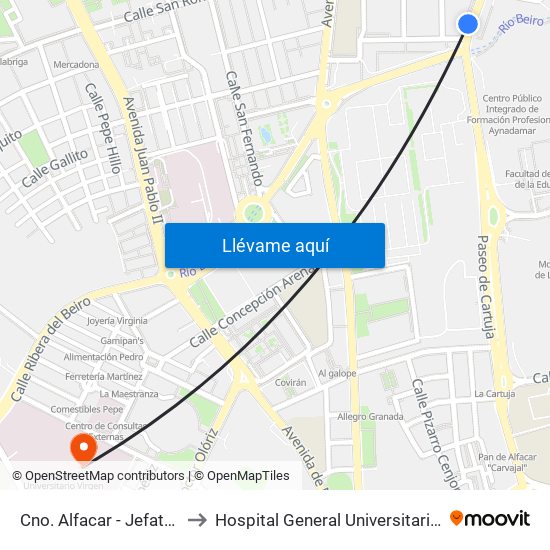 Cno. Alfacar - Jefatura Tráfico to Hospital General Universitario De Granada map