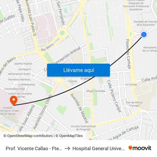 Prof. Vicente Callao - Fte Ciencias Educación to Hospital General Universitario De Granada map