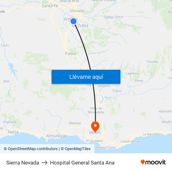 Sierra Nevada to Hospital General Santa Ana map